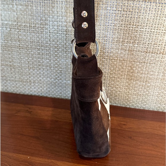 🌟HP🌟VTG 1970s-80s Dark Brown Mod Suede Pony Shoulder Bag w/ Calf Hair-On Hide - Picture 11 of 16